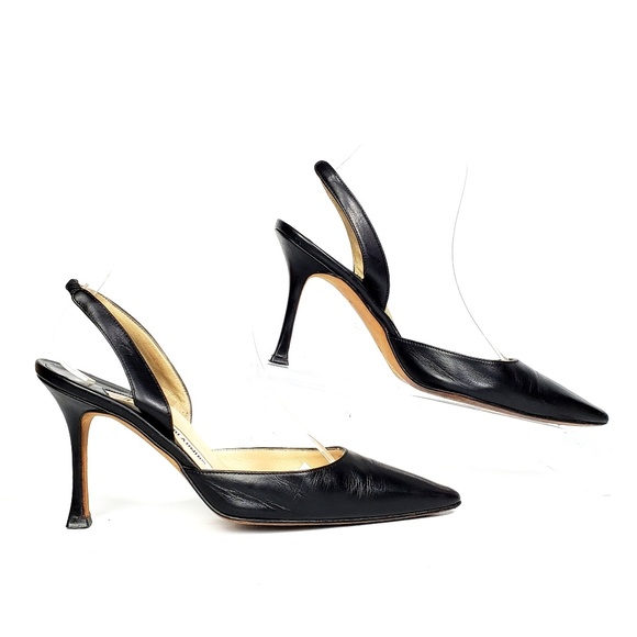 Manolo Blahnik Black Leather Slingback Heels - Picture 2 of 8